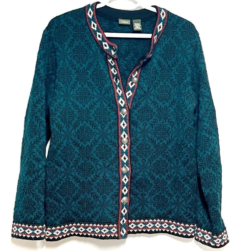 Vintage LL Bean Womens Size M Nordic Fair Isle Merino Wool Button Cardigan Sz S